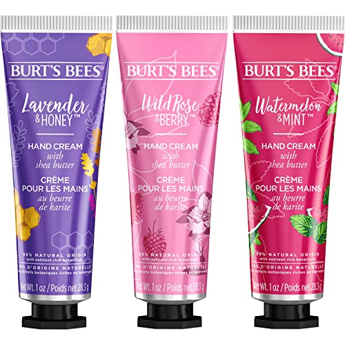 Burt's Bees Spring Gift, 3 Moisturizing Self Care Gifts, Shea Butter Hand Cream Trio Spring Set - Lavender & Honey, Wild Rose & Berry and Watermelon & Mint (Packaging May Vary)