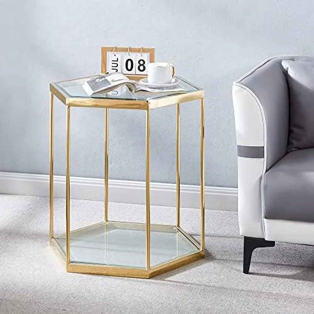 Round Glass End Table with Chrome Legs  Modern Tempered Glass Side Table  0.39" Thick Clear Glass Top Bedside Table Accent Table for Small Space Living Room Bedroom (Gold)