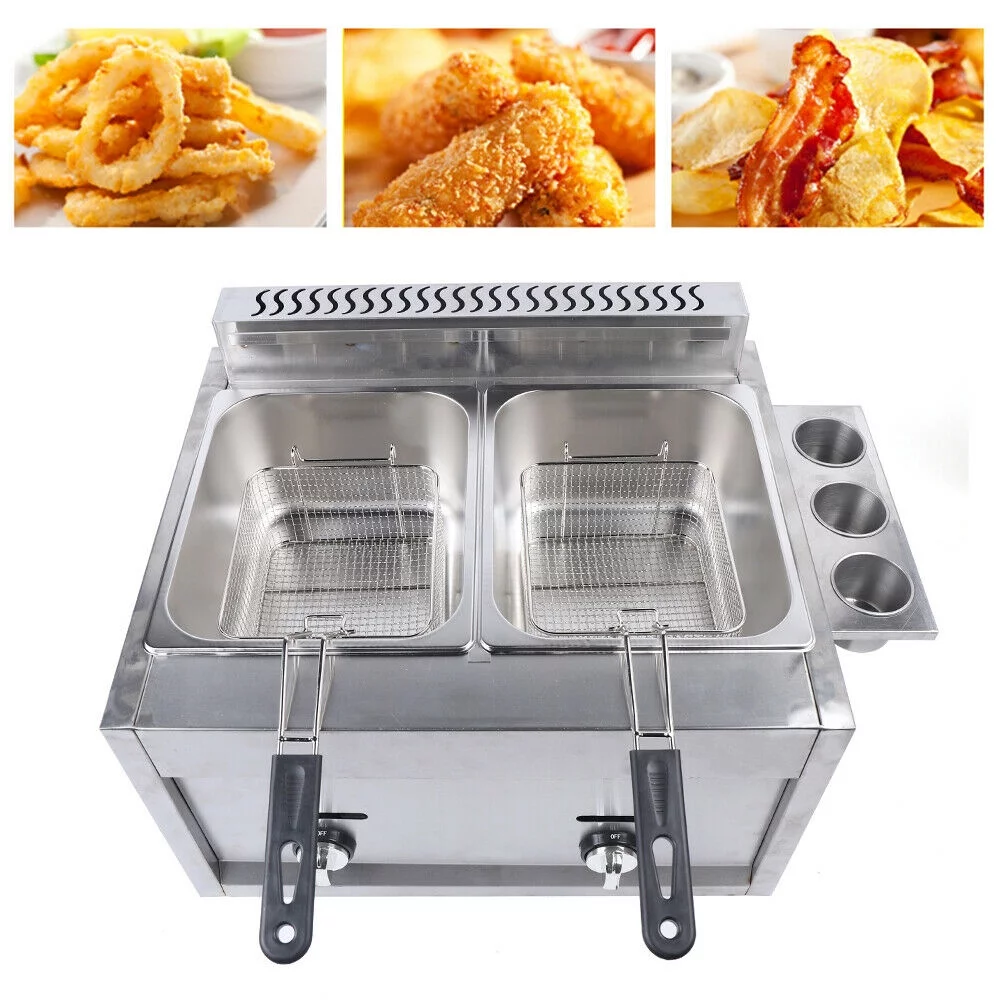 TFCFL Commercial 6L*2 Countertop Stainless Steel Deep Fryer Dual Tank Restaurant/ Kitchen Gas Fryer + Basket