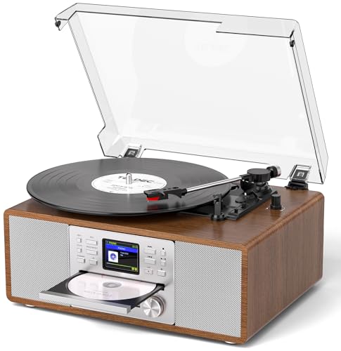 8-in-1 Retro Bluetooth Record Player with Built-in Stereo Speakers | Wireless 3-Speed Turntable for Vinyl, CD, MP3, USB/SD, Internet Radio | Headphone Jack & MP3 Recording | Vintage Multimedia Center