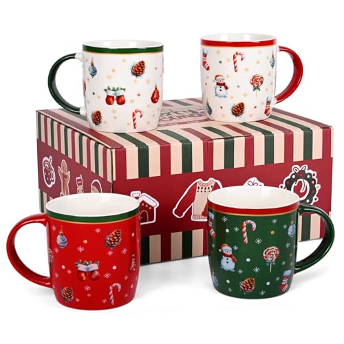 Cabtnca Christmas Mugs, Christmas Mugs Set of 4, Christmas Coffee Mugs, Ceramic Christmas Mug, Holiday Mugs, Xmas Mug Decor, Marry Christmas Gifts for Women Kids, 11 Oz