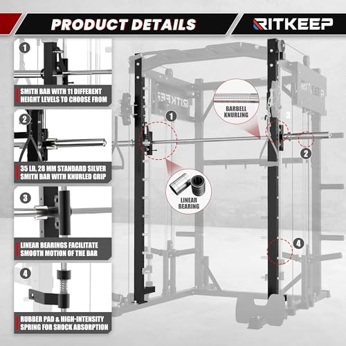 Smith Machine with Jammer Arms & Leg Press with Adjustable Dual Pulley Ratio (1:1 & 2:1), PMAX-4750 All-in-One Commercial & Home Gym Equipment, Heavy-Duty Steel Frame by RitKeep