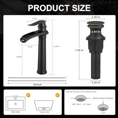 Bathroom Vessel Sink Faucet, Waterfall Oil Rubbed Bronze Bathroom Faucet, Vessel Faucet, Tall Body 1 Hole Single Handle with Pop Up Drain Combo Vanity Mixer Tap Basin Bowl Sink