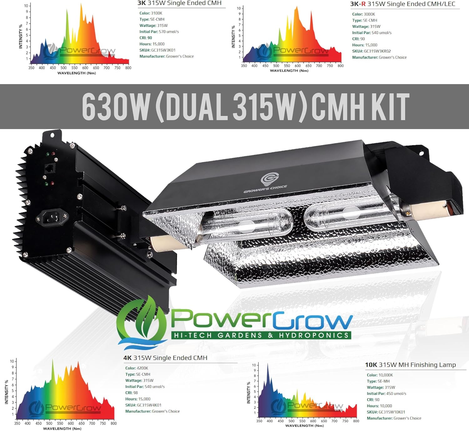Grower's Choice 630NS (630w CMH/Dual 315W Ceramic Metal Halide bulbs) - Complete Setup ((1) 3K-R / (1) 3K)
