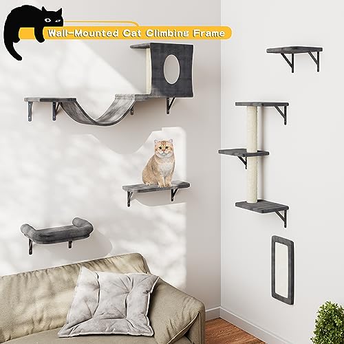 NUNU LAB Wall Mounted Cat Furniture Set - 6 Pcs Climber Set with House, Bridge, Steps, Scratcher Board - DIY Walls Playground, Indoor Cat Shelves - Gray