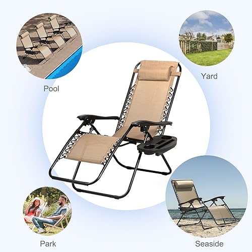 Nazhura Set of 2 Relaxing Recliners Patio Chairs Adjustable Steel Mesh Zero Gravity Lounge Chair Beach Chairs with Pillow and Cup Holder (Dark Green)