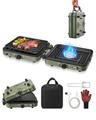 Saker 2 Burner Propane Camping Stove with Grill: Foldable Portable Camp Stove with Carry Bag - Adjustable Burners Camping Grill for BBQ Tailgating Gear - Backpacking Outdoor Cooking