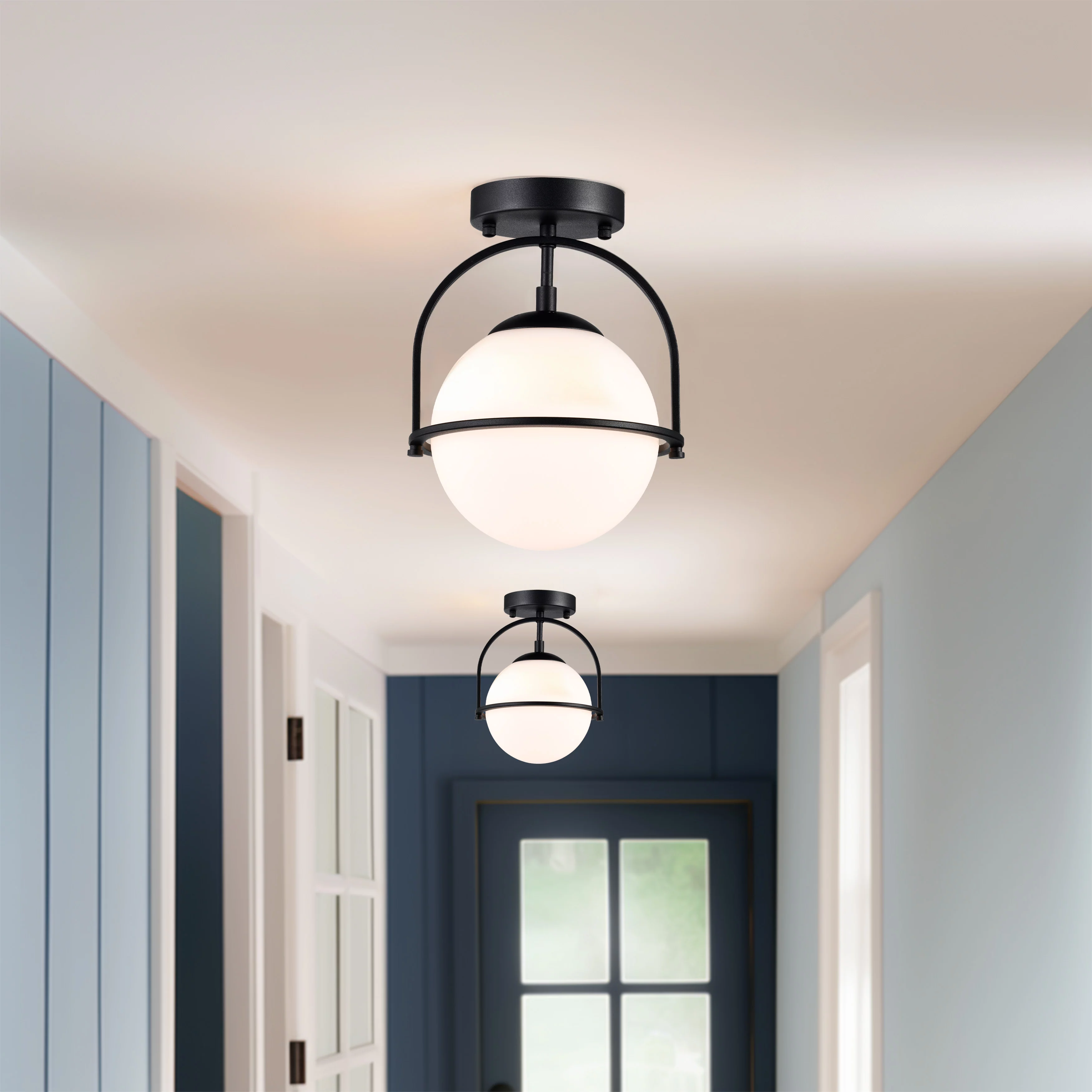 Semi Flush Mount Ceiling Light Globe Flush Mount Ceiling Light Fixtures Black Chandelier 1-Light Mid Century Modern Ceiling Lights Opal Glass Shade for Hallway Porch Kitchen Bathroom