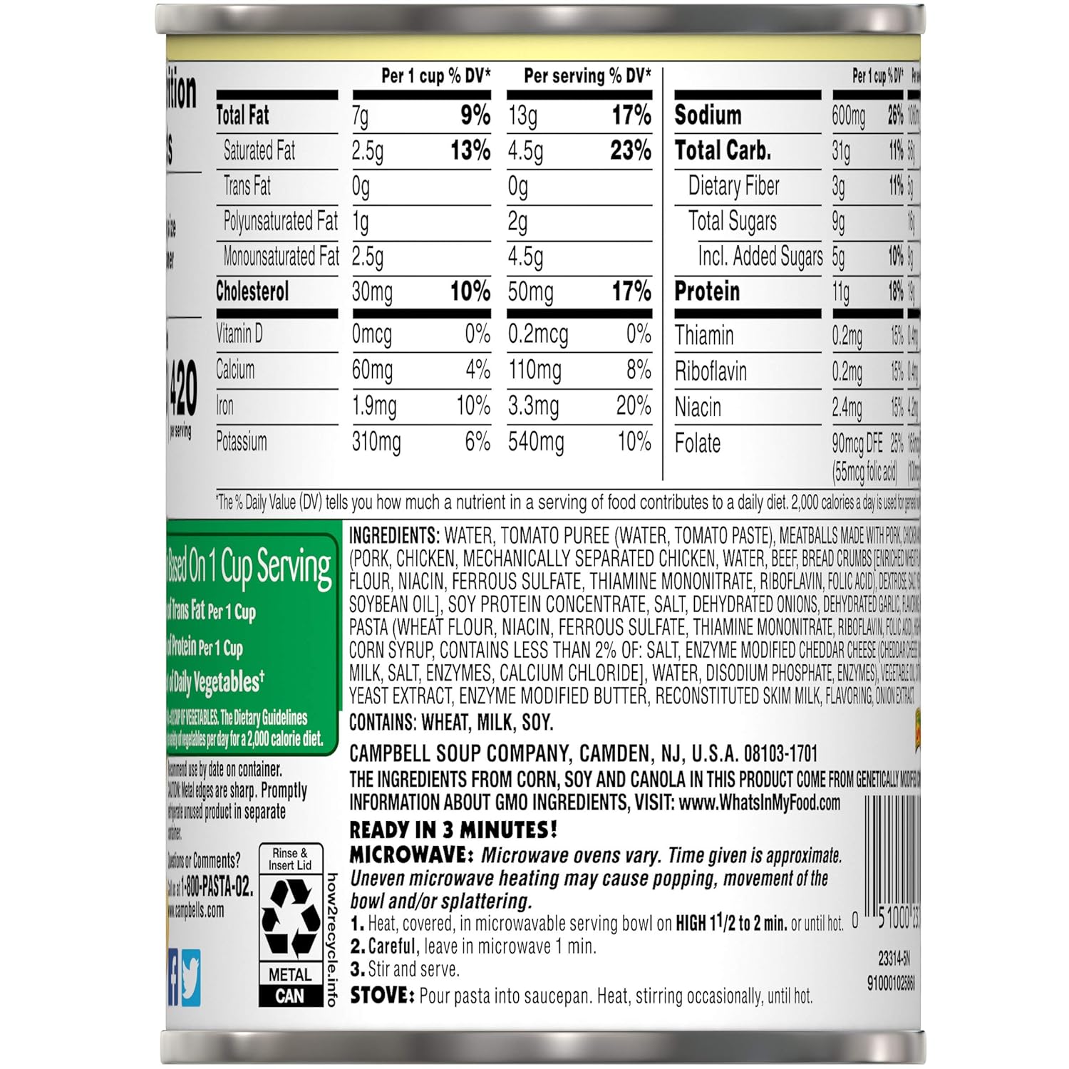 Campbell's SpaghettiOs Pasta with Meatballs, 15.6 Ounce Can