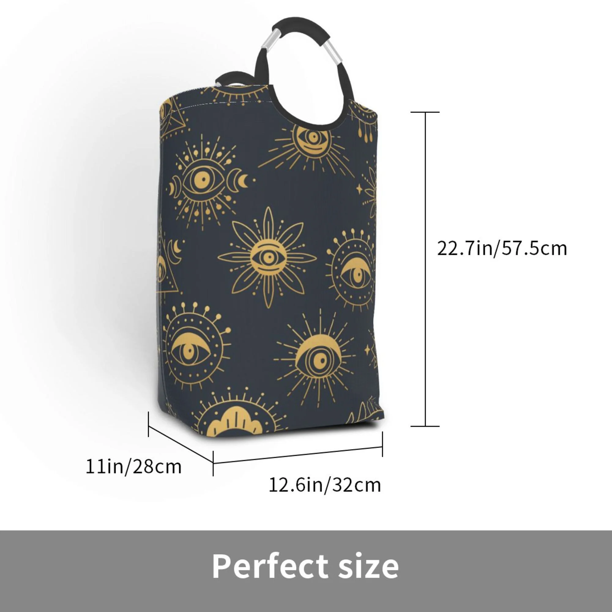 TEQUAN 50L Large Rectangular Laundry Hamper with Aluminum Handles, Golden Witchcraft Eye Doodle Prints Waterproof Foldable Dirty Clothes Basket
