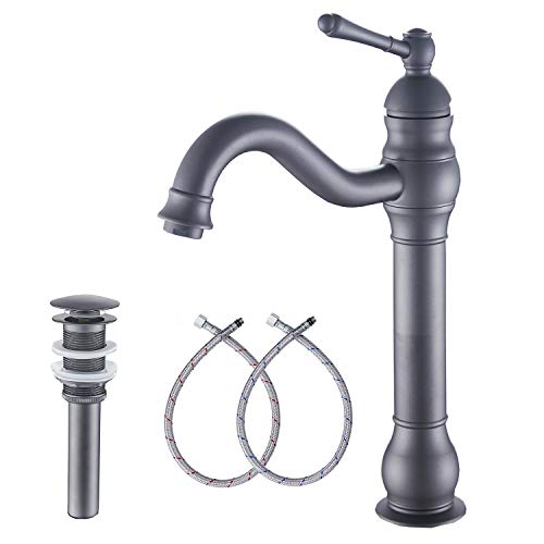 GGStudy 360° Swivel Antique Brass Bathroom Vessel Sink Faucet Single Handle One Hole Matching with Pop Up Drain