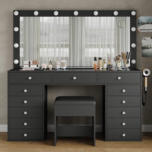 55'' W Makeup Vanity with Power Outlet & Lighted Mirror, Vanity Desk 13 Drawers Glass Top, 3 Lighting Modes Adjustable, Dressing Table with Chair for Bedroom