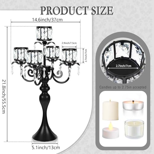 2Pcs Black 5-Arm Crystal Pendant Metal Candle Holder with Square Crystal Bowl, 22-Inch Tall Wedding Table Centerpiece for Holiday Party Events, Christmas, Birthday Decorations