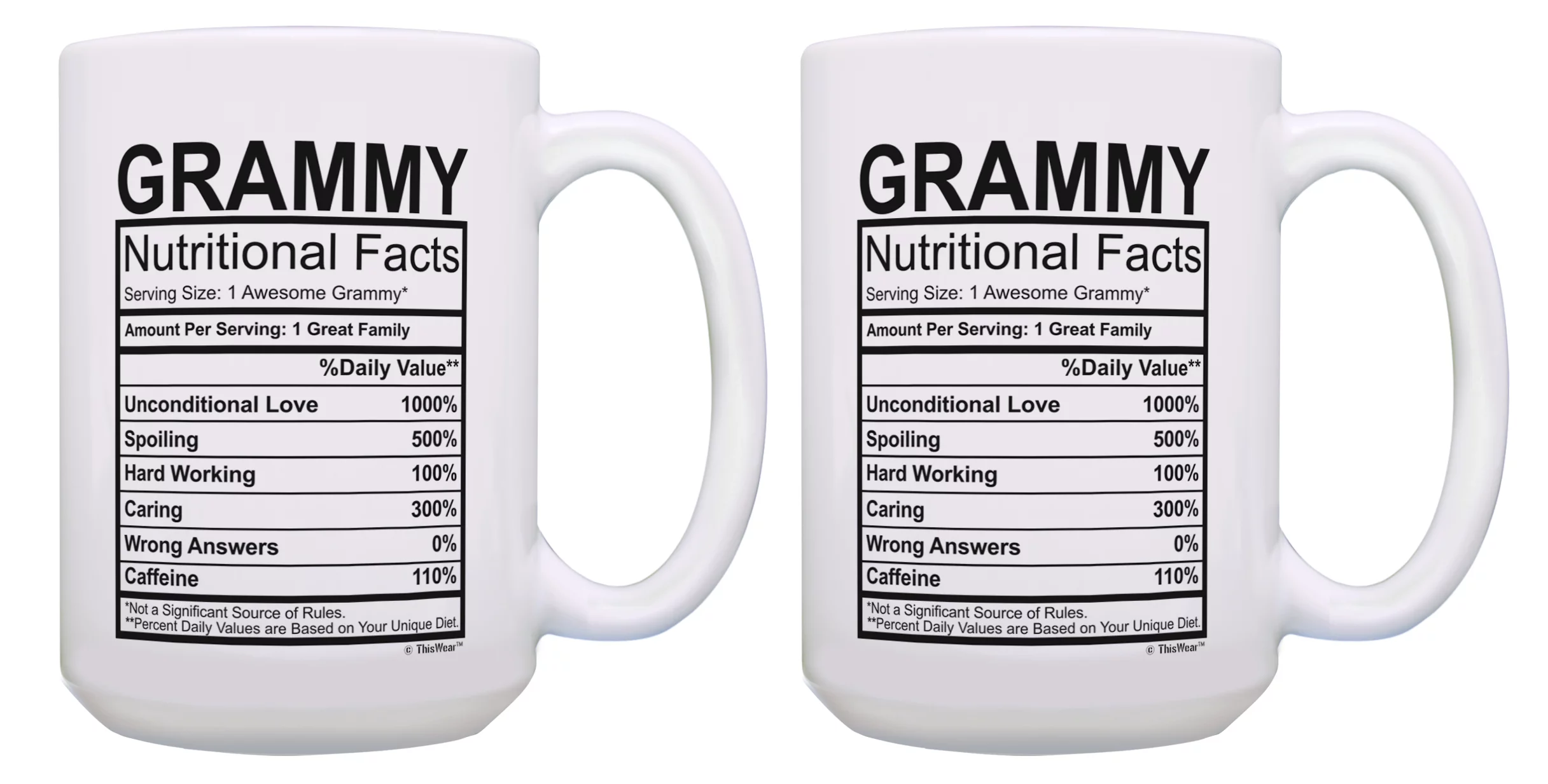 ThisWear Grammy Gift Set Grammy Nutrition Facts Grammy Mugs 2 Pack Gift 15oz Coffee Mugs