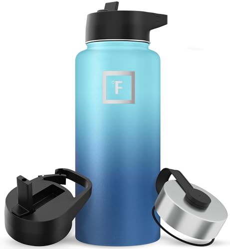 IRON °FLASK Camping & Hiking Hydration Flask with 3 Lids - Stainless Steel, Double Walled & Vacuum Insulated Water Bottle - Leak Proof & BPA Free 32 Oz