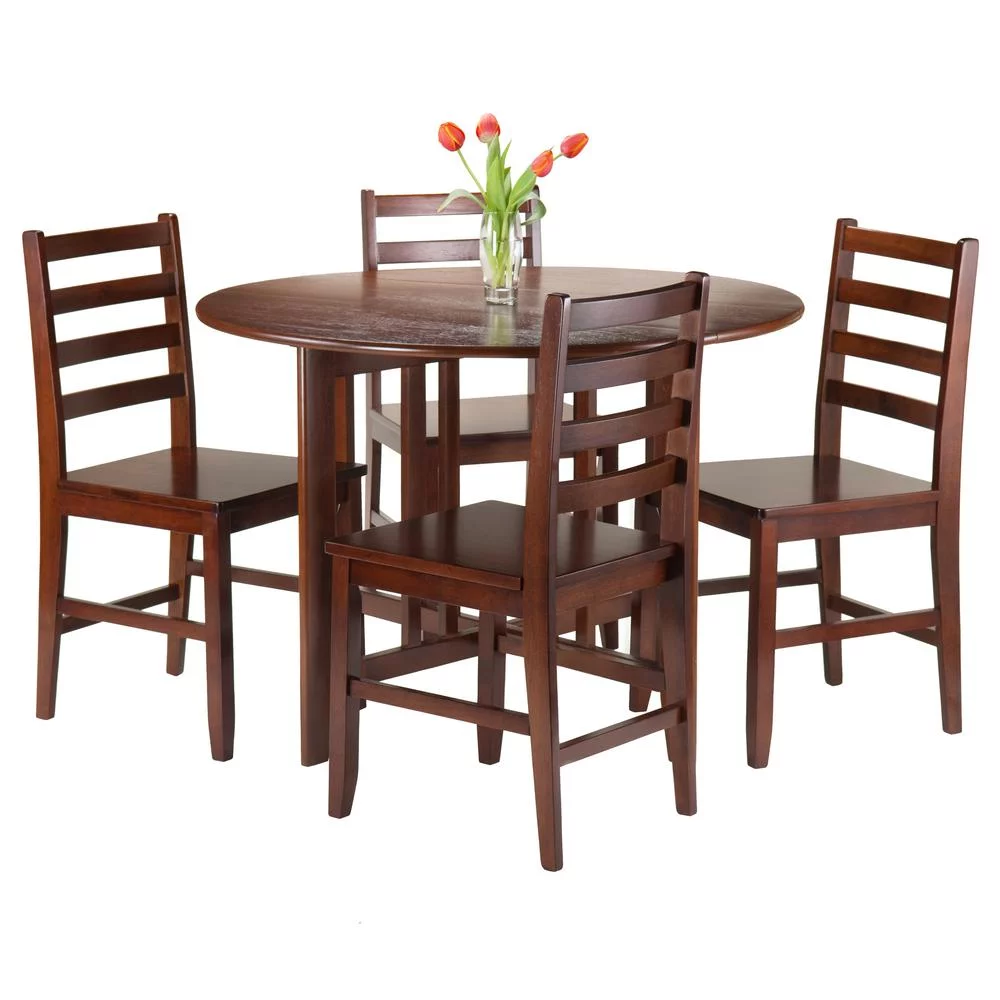 Winsome Wood Alamo 5-Pc Dining Set, Round Drop Leaf Table & 4 Ladder Back Chairs, Walnut Finish
