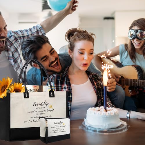 BeeGreen Mother's Day Gifts Personalized Women's Large White and Black Canvas Tote Bag, Embroidered Initials, Leather Handle, Zipper Closure