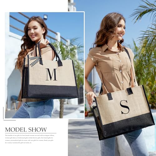 BeeGreen Mother's Day Gifts Personalized Women's Large White and Black Canvas Tote Bag, Embroidered Initials, Leather Handle, Zipper Closure