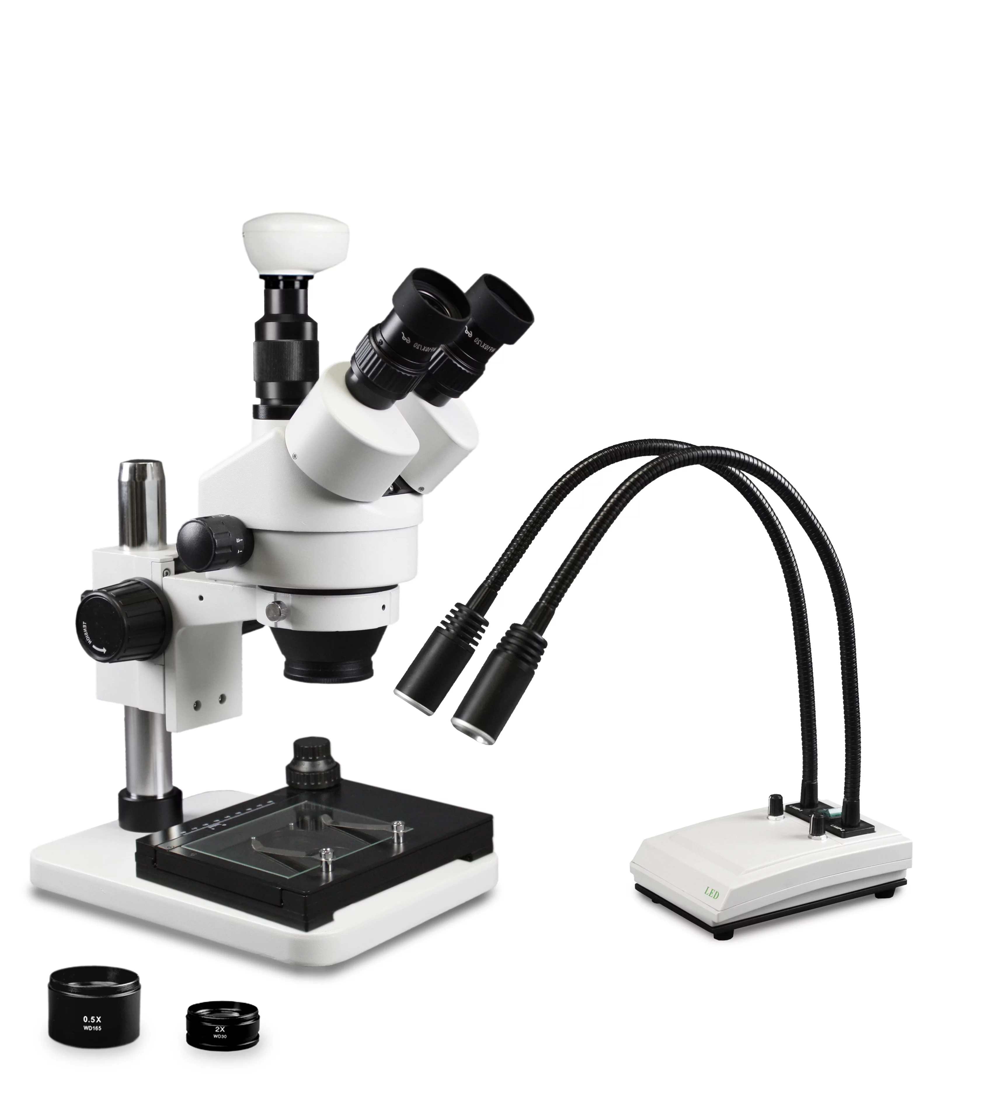 Vision Scientific VS-1FZ-IHL20-5N-MS Trinocular Zoom Stereo, 0.7x—4.5x Zoom, 3.5x—90x Magnification, LED Gooseneck Dual Light, 5.0MP Digital Eyepiece Camera, Mechanical Stage with Glass Stage Plate