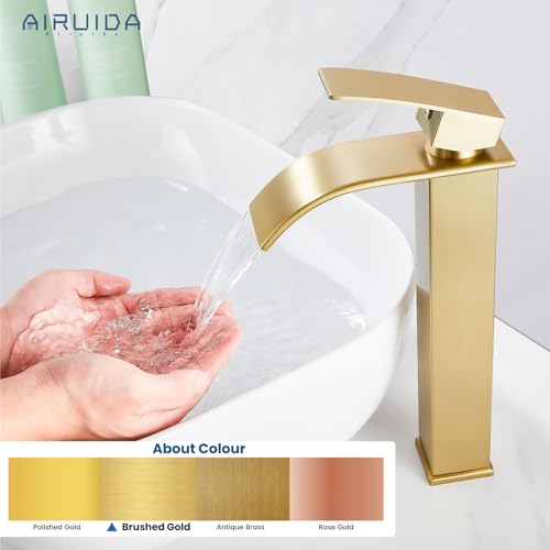 Airuida Brushed Gold Tall Waterfall Bathroom Vessel Sink Faucet Modern Bathroom Vanity Faucet Single Handle Single Hole Farmhouse Bar Mixer Tap Washbasin Faucet Deck Mount