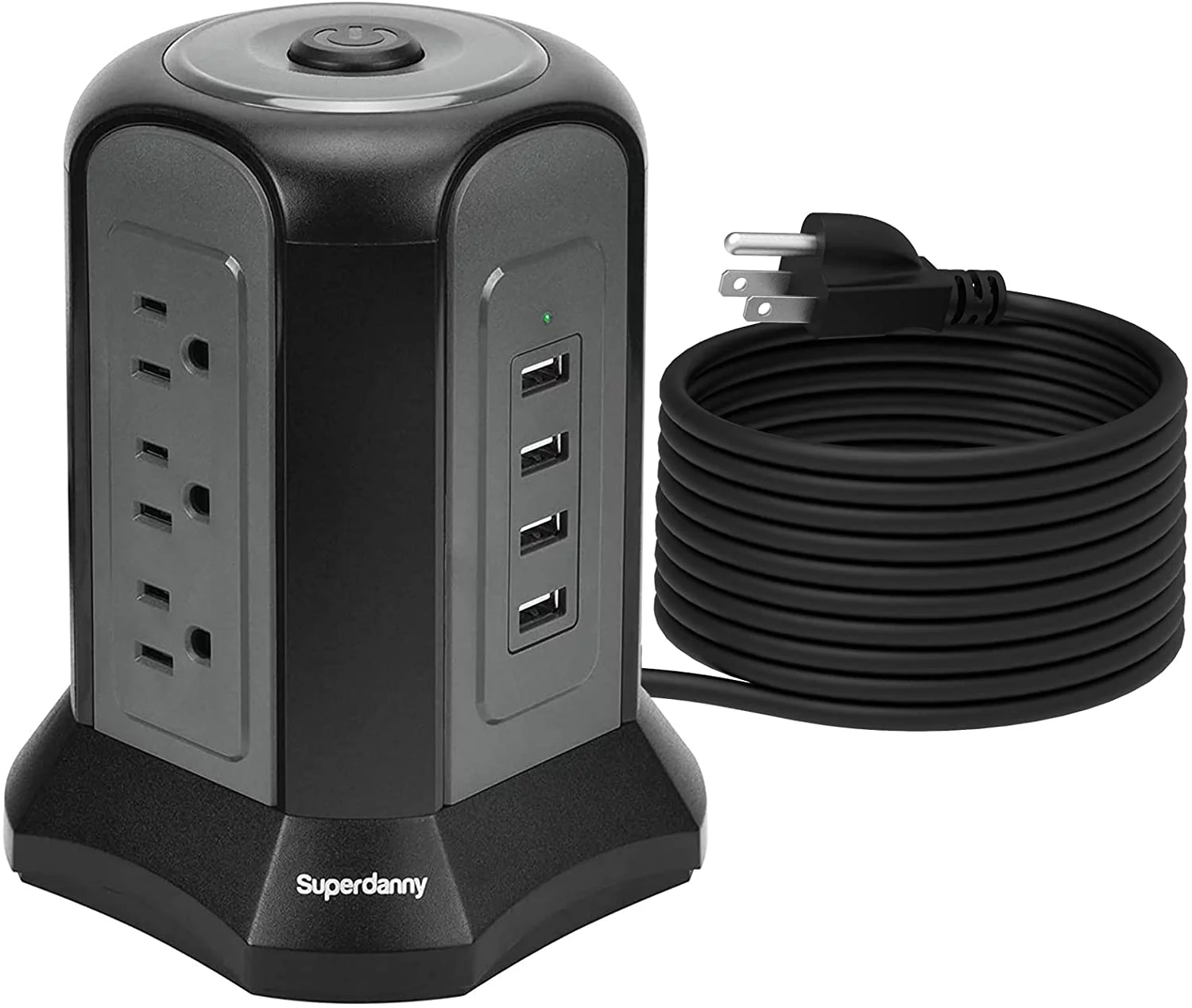 SUPERDANNY Surge Protector USB Power Strip Tower 9 Outlets 4 USB Port 10 ft Extension Cord Black