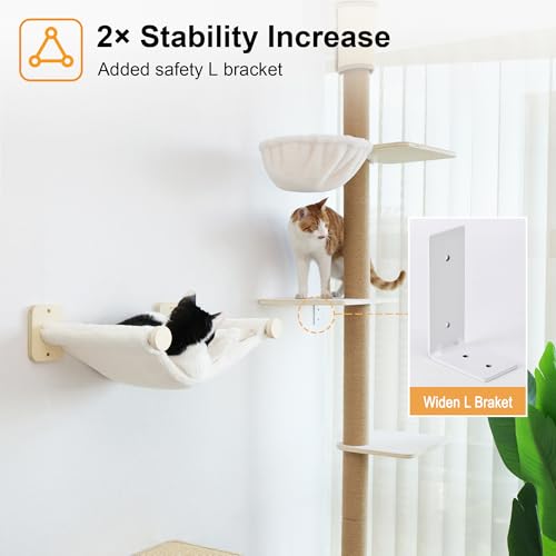 FUKUMARU Wall-Mounted Cat Tree, Adjustable Height (81-107 Inches) Floor to Ceiling Cats Tower with Scratching Post, Sturdy Cats Activity Center with Cozy Hammock