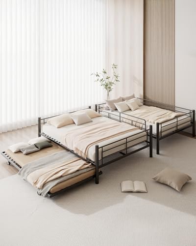 Full Over Full Bunk Bed with Trundle, Heavy Duty Metal Bed Frame with Full-Length Guardrails & Ladder, 3-in-1 Convertible Full Bunk Bed, Noise-Free, No Box Spring Needed, Black