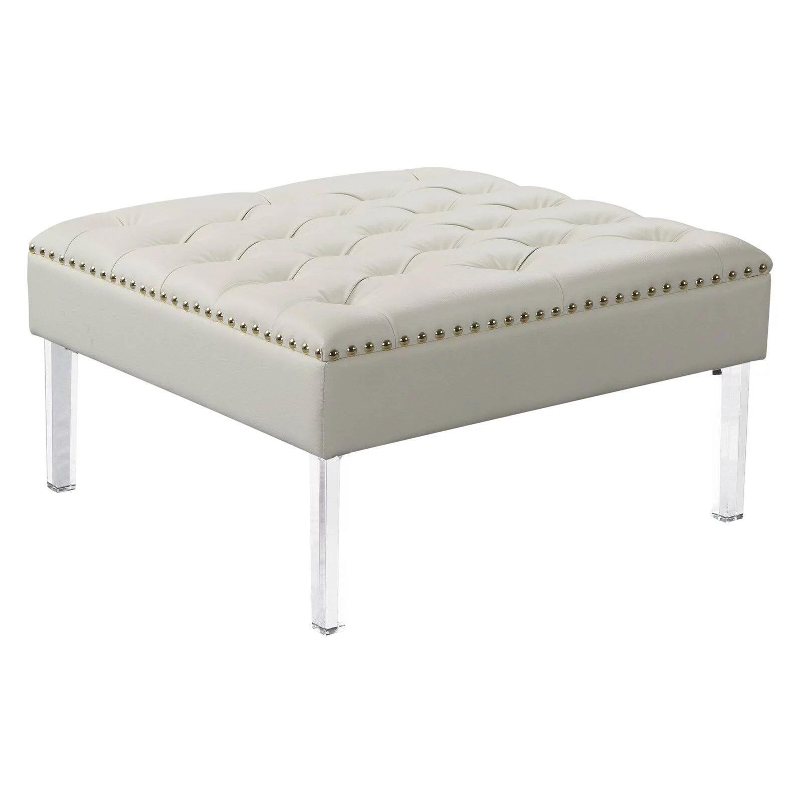 Marie Square Ottoman Center Table Button Tufted PU Leather Upholstered Acrylic Legs
