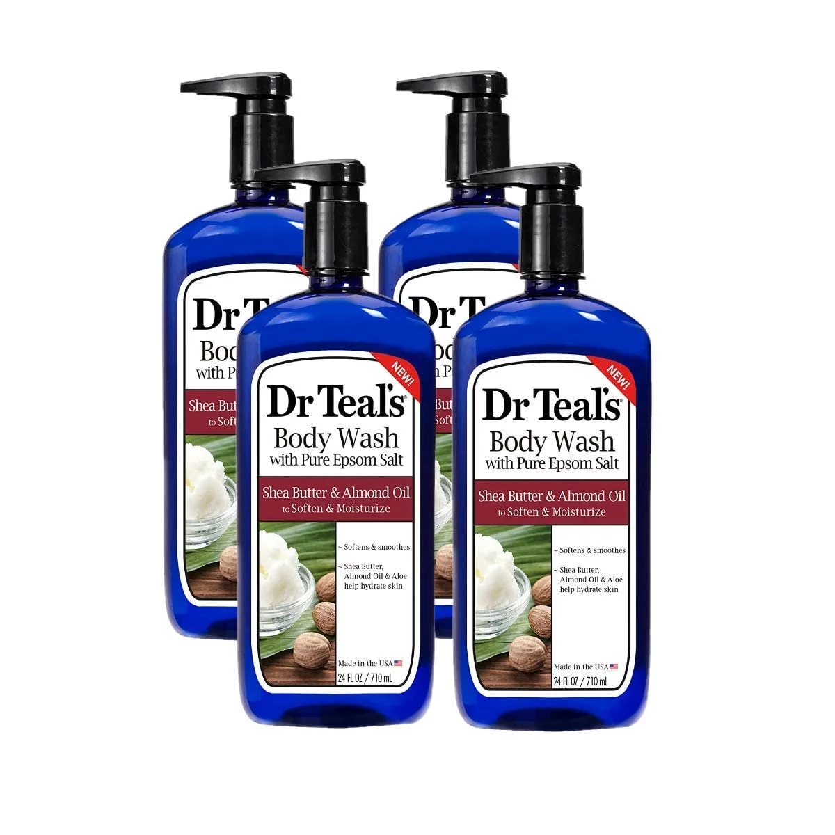 Dr Teal,S Epsom Salt Bath And Shower Body Wash With Pump - Shea Butter And Almond Oil - Pack Of 4, 24 Oz Each - Soften And Moisturize Your Skin, Relieve Stress And Sore Muscles