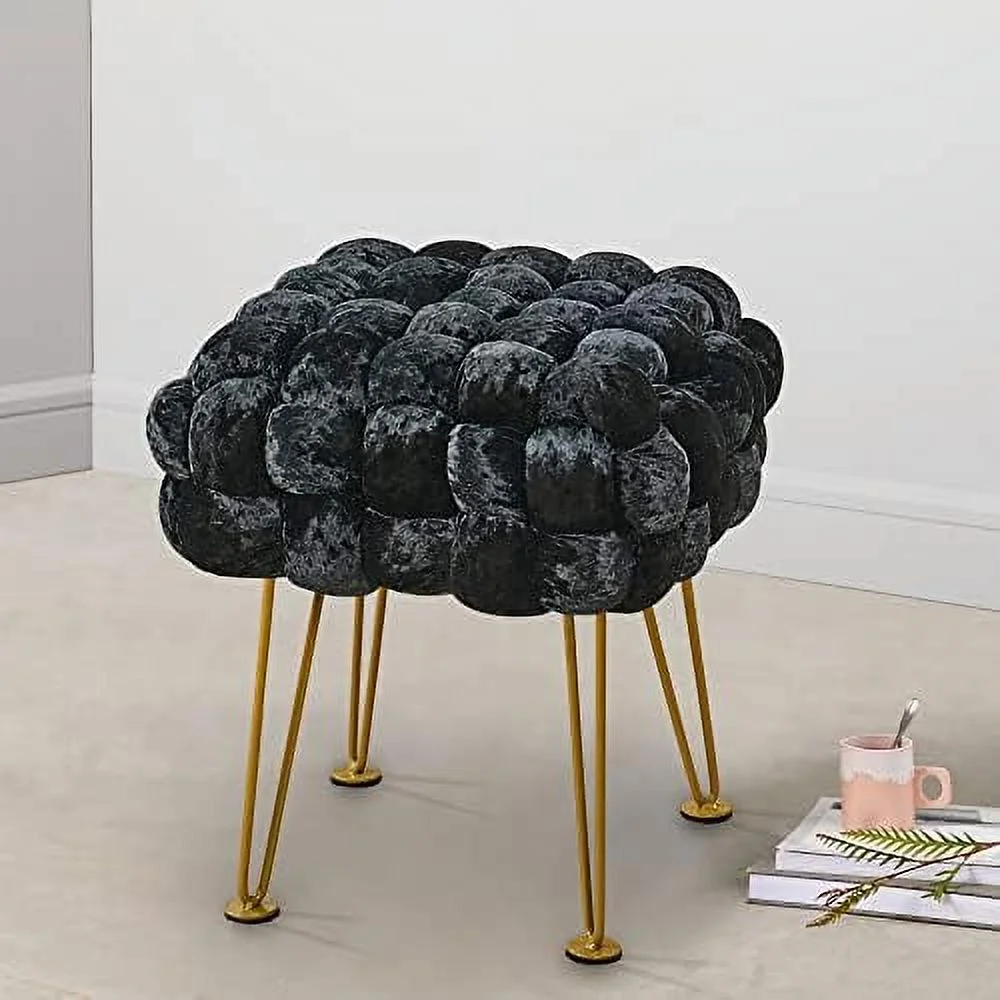 Dark Blue Soft Upholstered Ottoman Entryway Bench Seat 16"x16"x16" Sturdy Accent Coffee Table for Living Room Make Up Vanity Fluffy Shoe Stool with Golden Legs for Bedroom Clo