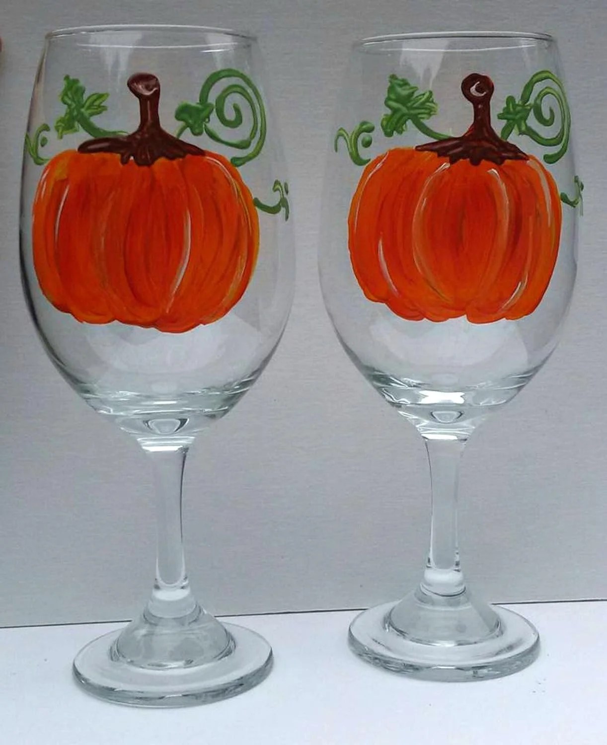 2 Pumpkin Stemmed Hand Painted Wine Glasses Set
