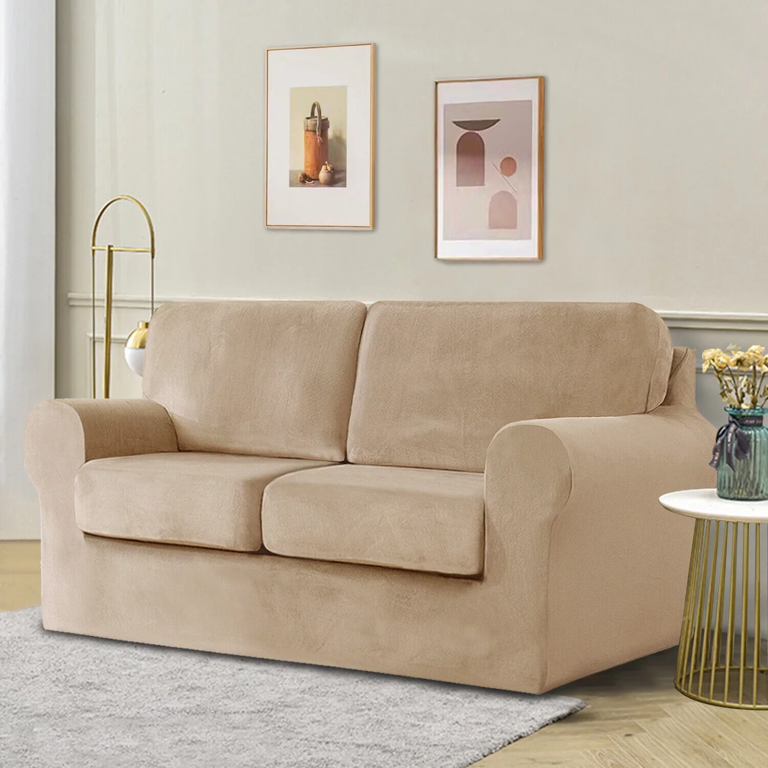 Luxury Velvet Couch Cover 5 Piece Stretch Sofa Covers for 2 Cushion Couch Thick Soft Spandex Sofa Slipcover Living Room Anti Slip Dogs Pet Furnitre Protector, Khaki, Loveseat Cover