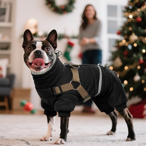 BRKURLEG Black Dog Coat with Harness, Dog Winter Jacket, Dogs Onesie Body Warm Jackets, Small Dogs Winter Coats Reflective Windproof Warm Cold Weather Coats, Pet Waterproof Jacket Hiking XL