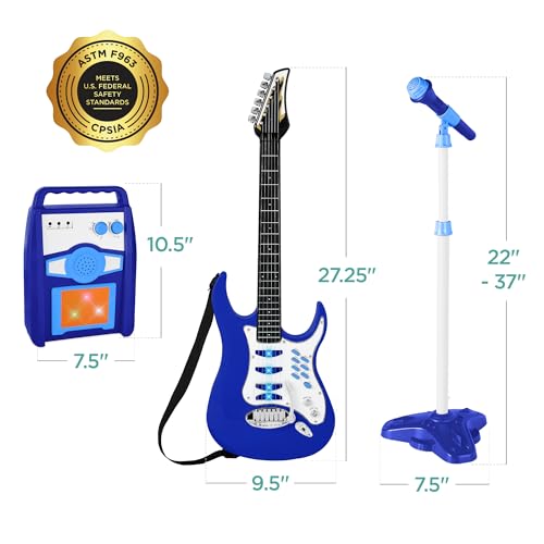 Best Choice Products Kids Electric Musical Guitar Play Set, Toy Guitar Starter Kit Bundle w/ 6 Demo Songs, Whammy Bar, Microphone, Amp, AUX, 2 Sticker Sheets - Blue