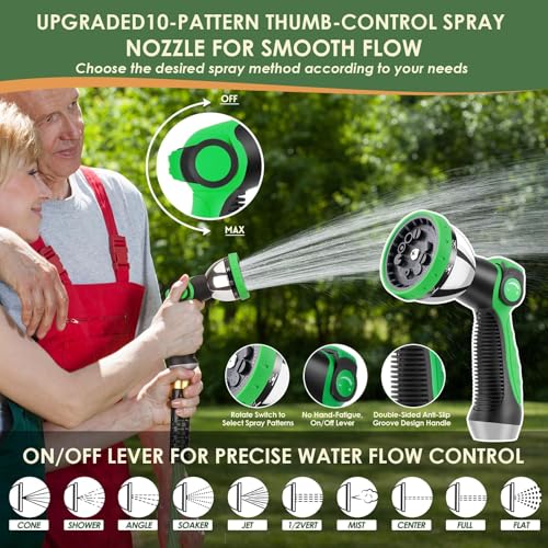 Non-Expandable Garden Hose 100 ft, Ultra Lightweight Flexible Water Hose with 10-Pattern Nozzle, Leak-Proof, High-Density Fabric, Thickened Connector, Shut-Off Valve for Yard, Lawn, Outdoor
