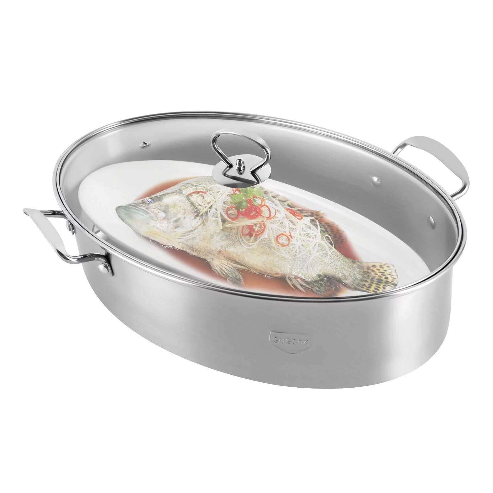 ZhdnBhnos Stainless Steel Fish Steamer Oval Fish Steaming Pot with Glass Lid Multi-Cooker Kitchen Cooking Cookware