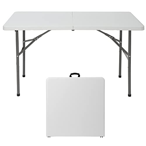 ZenStyle 6 ft Indoor Outdoor Heavy Duty Plastic Folding Table Portable Picnic Table Fold-in-Half Utility Table w/Handle and Steel Legs for Camping, Dining, Party, 71 x 27 Inch, White