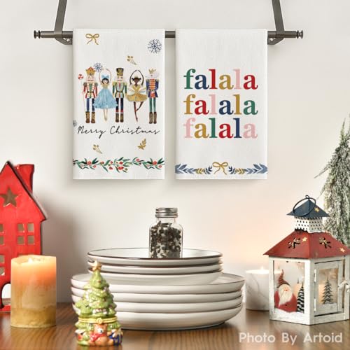 Artoid Mode Nutcracker Xmas Tree Holly Ornament Motto Merry Christmas Kitchen Towels Dish Towels, 18x26 Inch Farmhouse Decoration Hand Towels Set of 6