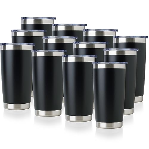 DOMICARE 20oz Stainless Steel Tumbler Bulk with Lid, Double Wall Vacuum Insulated Travel Mug, Powder Coated Coffee Cup, Powder Black, 8 Pack