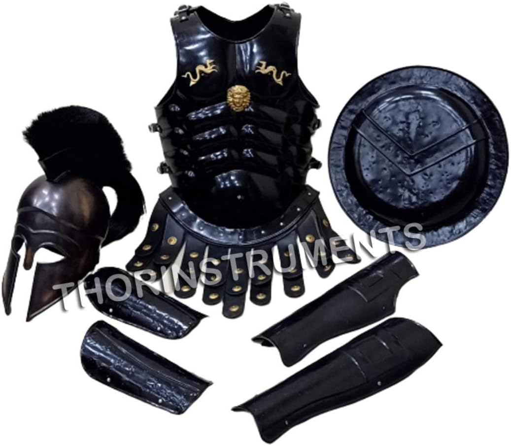 Medieval Armor Greek Corinthian Helmet W/Black Plume Muscle Jacket Leg ARM Guards & Spartan Shield Rustic Vintage Home Decor Gifts