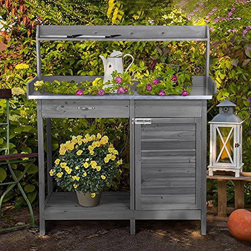 Topeakmart Garden Potting Bench Wooden Workstation Outdoor Wooden Potting Table W/Top Shelf & Lower Shelf & Cabinet Drawer & Open Shelf Gray