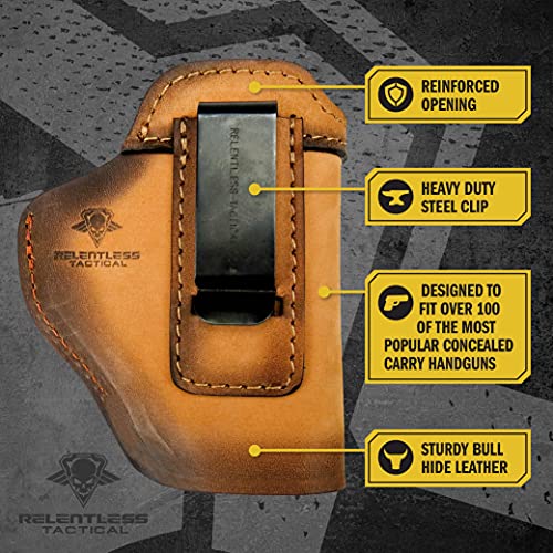 Relentless Tactical The Defender Leather IWB Holster | Made in USA | Fits Glock 17 19 19X 22 26 43 43X 45 | Taurus GC3 | S&W M&P Shield | Canik TP9 Elite | Sig P229 | Plus All Similar Sized Handguns