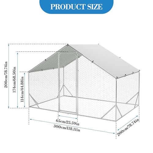 Large Metal Chicken Coop with Run,9.8X6.5X6.5FT Walk in Poultry Cage Chicken Run Pen with Waterproof & Anti-Ultraviolet Cover,Ideal for Ducks, Geese, and Rabbits Farm Use Peaked Roof Double Doors
