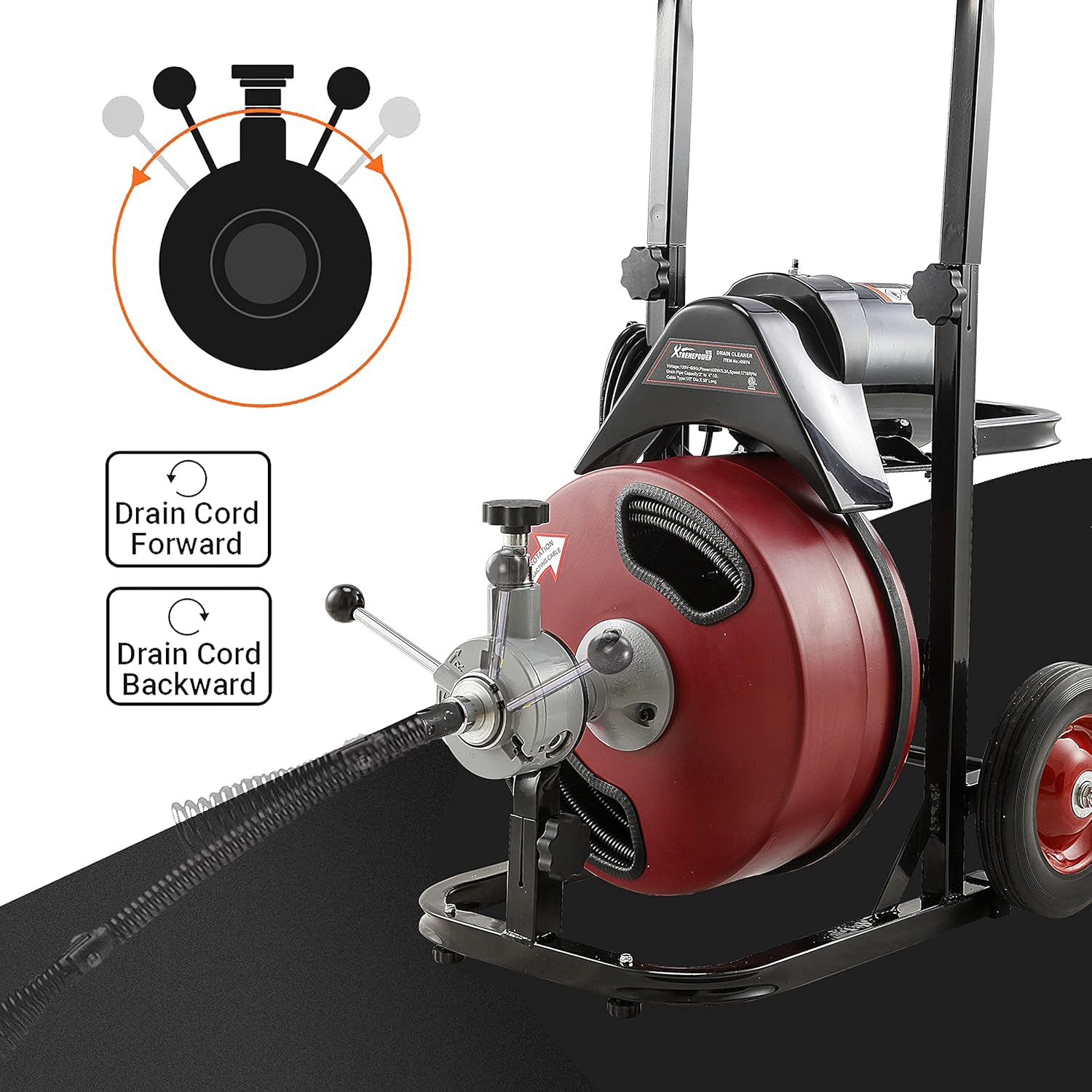 XtremepowerUS Commercial Sewer Snake Drill Drain Auger Cleaner Cable 50-Feet Long 1/2 (4)-Cutter Set & Foot Switch with Wheel