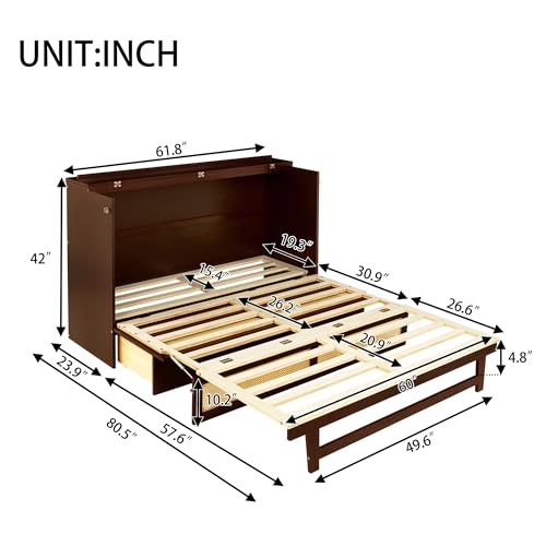 KEIKI Queen Size Cabinet Murphy Bed with Rattan Decoration and Drawers, Multiple Storage Foldable Hideaway Wall Murphy Bed Frame with Slats, No Box Spring Needed, Easy Assembly, for Bedroom, Walnut