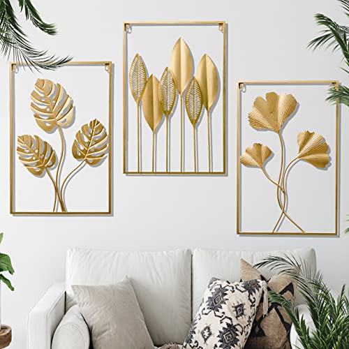 3Pcs Metal Wall Art Decor,Abstract Gold Wall Art Metal Leaf with Frame,17