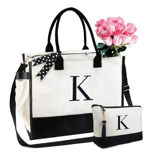 BeeGreen Mother's Day Gifts Personalized Women's Large White and Black Canvas Tote Bag, Embroidered Initials, Leather Handle, Zipper Closure