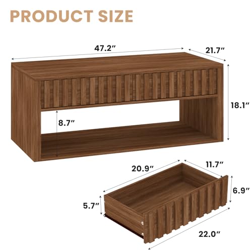 Lift Top Coffee Table with Storage Shelf & Hidden Compartment, Mid Century Modern Fluted Dining Table for Living Room, Walnut