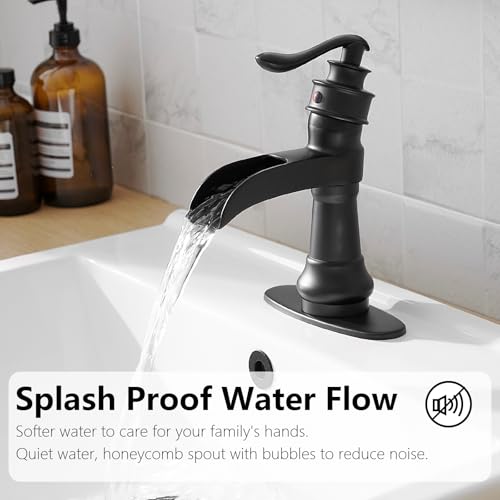 Vessel Sink Faucet, Oil Rubbed Bronze Black Bathroom Faucet, Farmhouse Waterfall Sink Faucet Single Hole with Pop Up Drain Assembly Without Overflow One Hole Mixer Tap Deck Mount