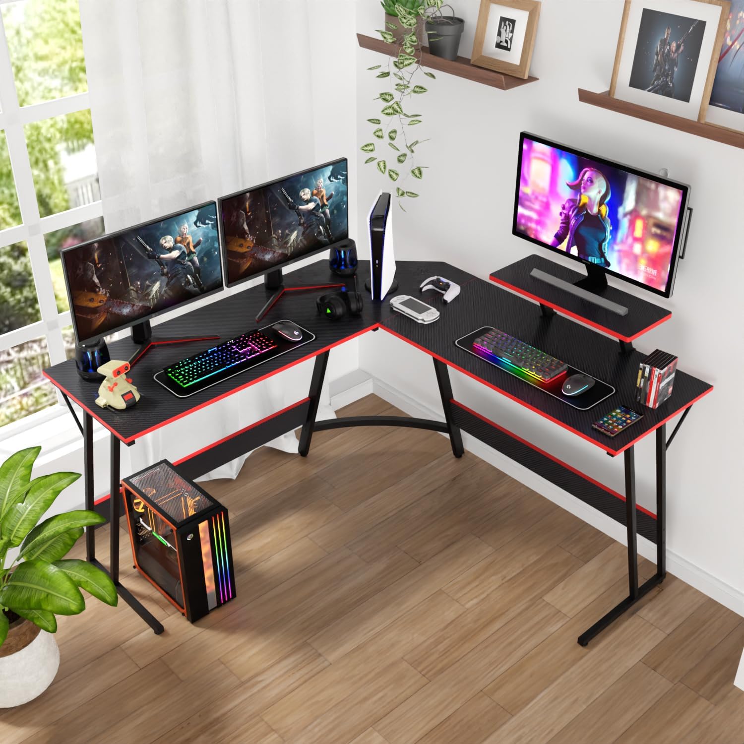 L Shaped Desk 50.4 Inch Corner Desk Gaming Desk Computer Desk with Large Desktop,Monitor Stand,Foot Peg Gaming Table Computer Table Space Saving Easy Assembly for Home,Office,Work,Gaming,Black